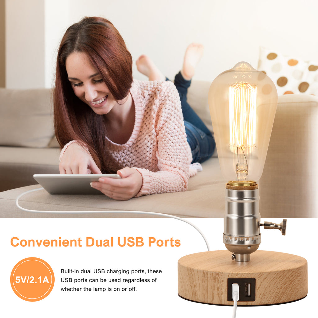 Small Table Lamps for Bedroom Set of 2, E26 Edison Desk Industrial Lamp with USB Charging Ports, Cute Night Table Lamp for Nightstand, Bedside, Office, Living Room