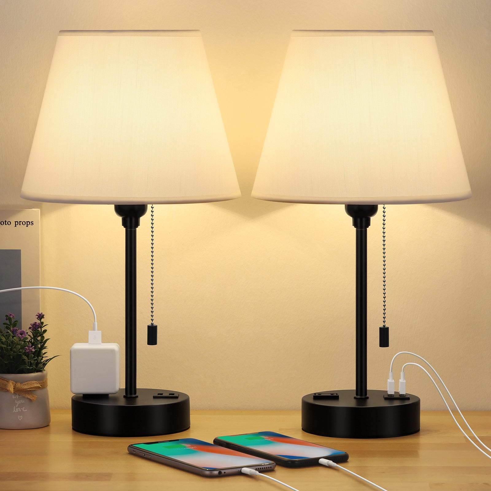 Table lamp, set of two bedside lamps, with 2 USB ports, zipper switch, modern style bedside table lamp, gray lampshade, suitable for bedroom, study, living room, dining room, tavern