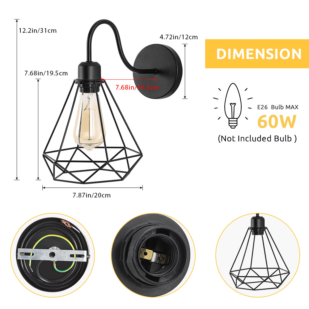 2pack modern wall lamps, black metal cage wall lamps for bathrooms, swivel industrial wall lamps for bathrooms, dressing tables, bedrooms, mirrors, garages (without bulbs)
