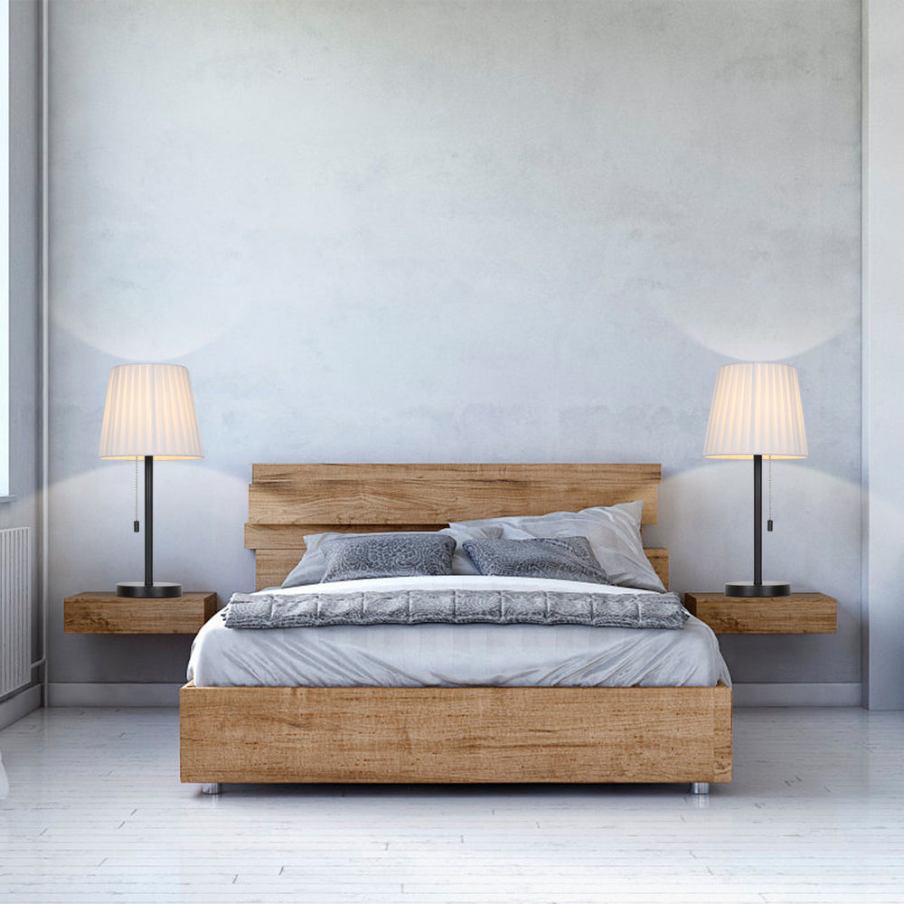 Pair of Dual Nightstand Lamps with Cloth Shades, Steel Foundations, and Integrated Pull Cords for Bedside and Living Area Lighting