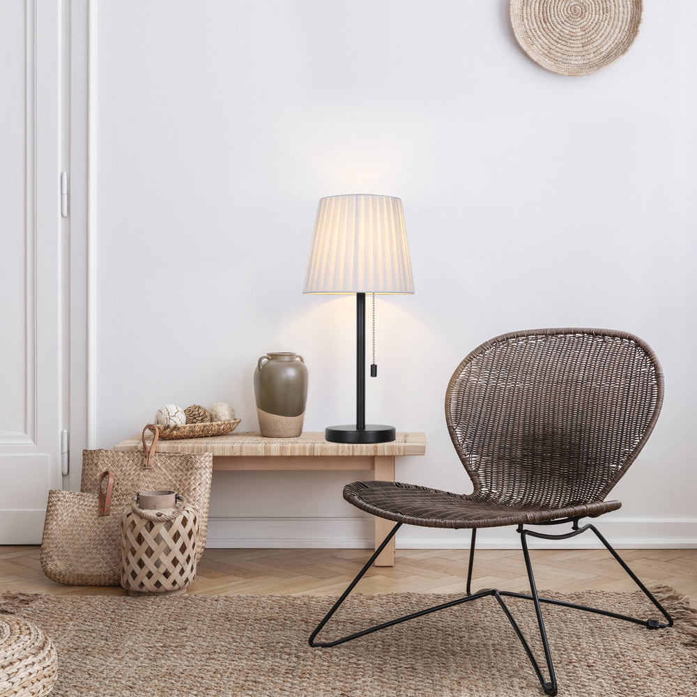 Pair of Dual Nightstand Lamps with Cloth Shades, Steel Foundations, and Integrated Pull Cords for Bedside and Living Area Lighting