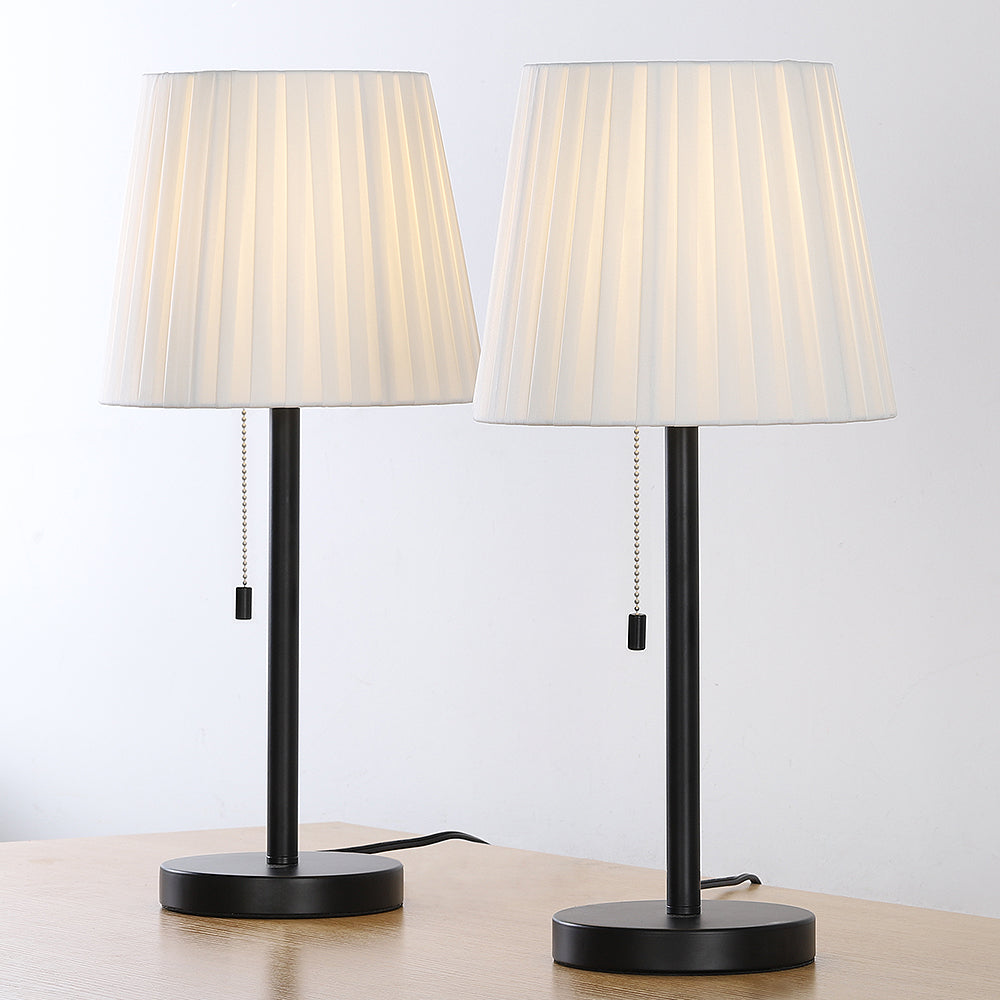 Pair of Dual Nightstand Lamps with Cloth Shades, Steel Foundations, and Integrated Pull Cords for Bedside and Living Area Lighting