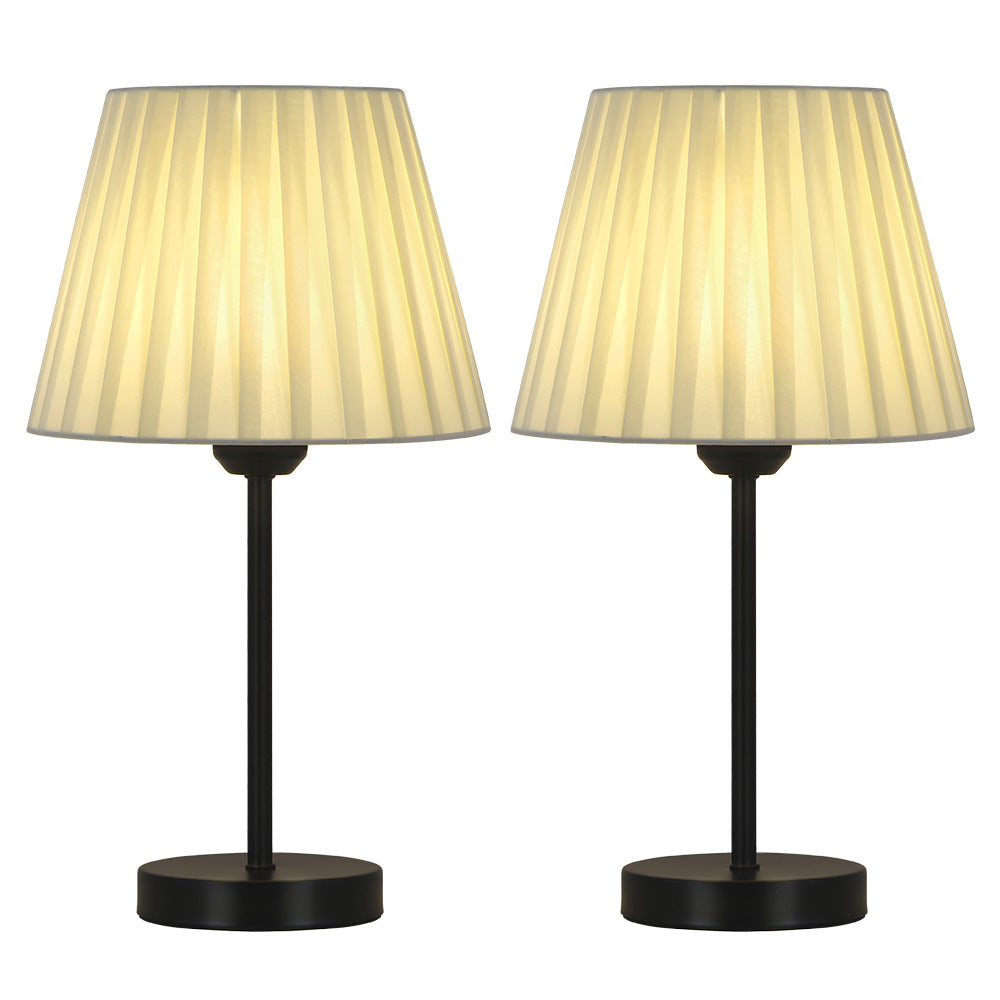 Twin Set of Compact Nightstand Lights with Cream Cloth Shades and Iron Bases, Ideal for Bedrooms and Nursery Spaces
