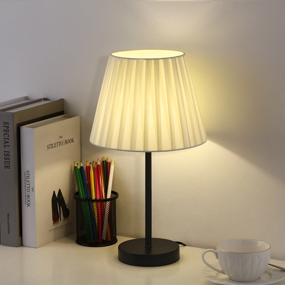 Twin Set of Compact Nightstand Lights with Cream Cloth Shades and Iron Bases, Ideal for Bedrooms and Nursery Spaces