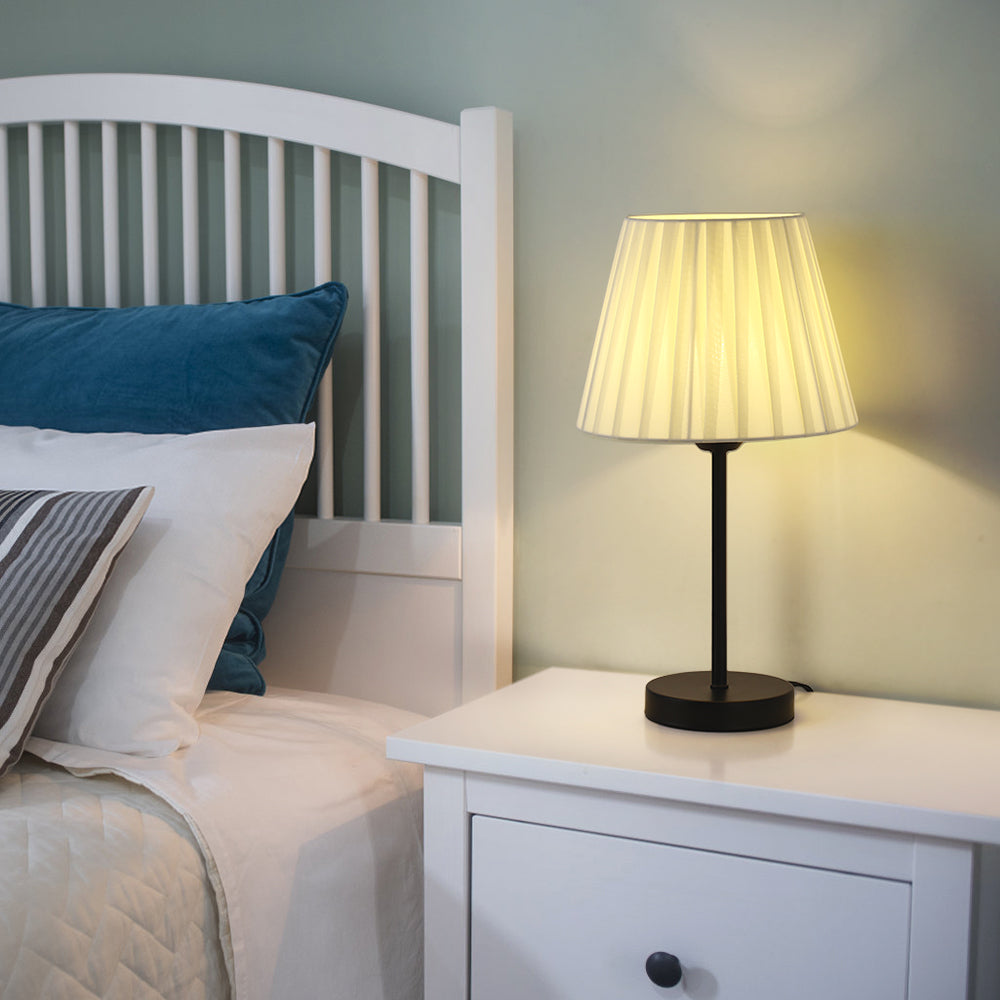 Twin Set of Compact Nightstand Lights with Cream Cloth Shades and Iron Bases, Ideal for Bedrooms and Nursery Spaces