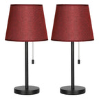 Pair of Classic Bedside Desk Lamps with Burgundy Shades and Pull Chain Switch for Home and Office