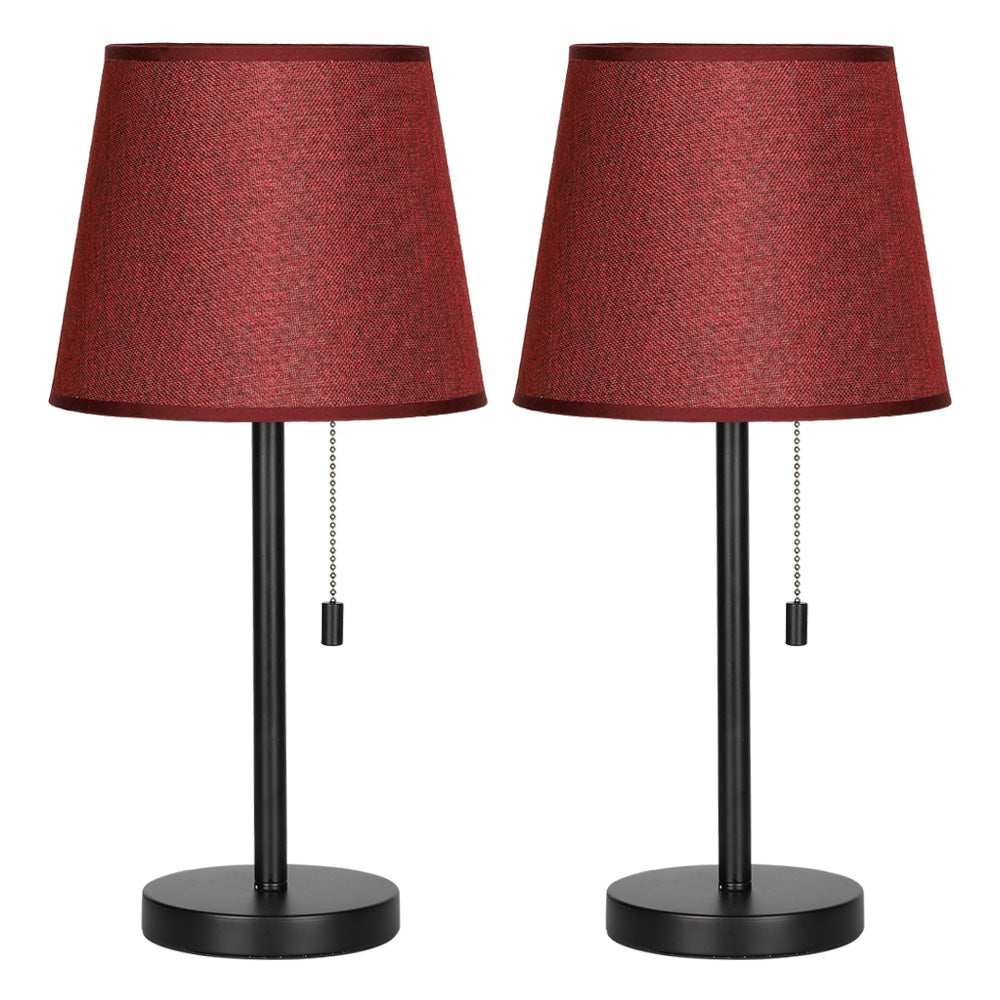 Pair of Classic Bedside Desk Lamps with Burgundy Shades and Pull Chain Switch for Home and Office
