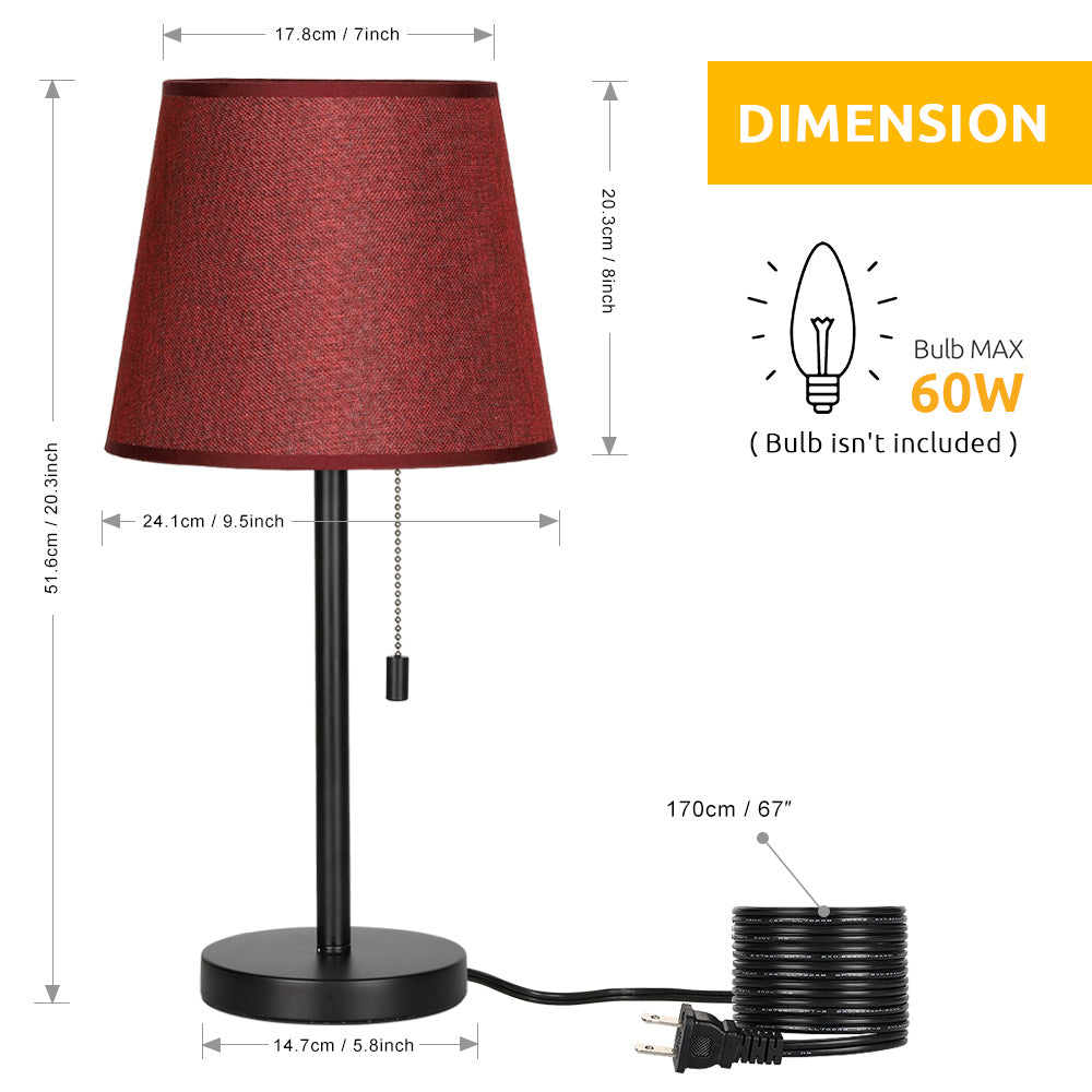 Pair of Classic Bedside Desk Lamps with Burgundy Shades and Pull Chain Switch for Home and Office