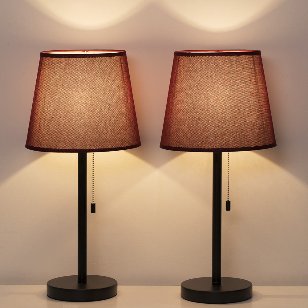 Pair of Classic Bedside Desk Lamps with Burgundy Shades and Pull Chain Switch for Home and Office