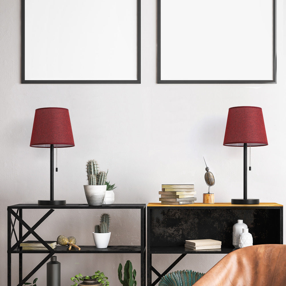 Pair of Classic Bedside Desk Lamps with Burgundy Shades and Pull Chain Switch for Home and Office
