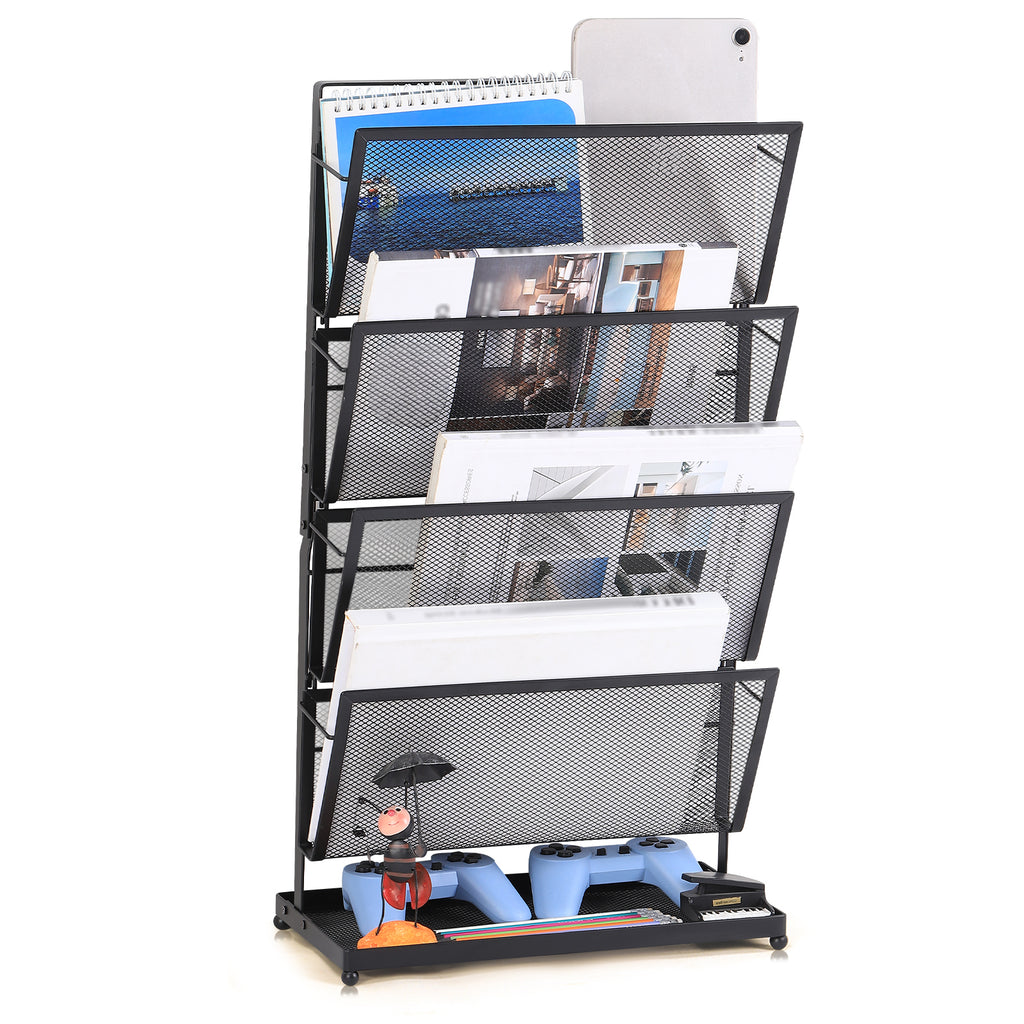 4-Tier Vertical Mesh File Organizer - Desktop Magazine & Letter Rack - Space-Saving Metal Storage Tray for Office Documents & Accessories