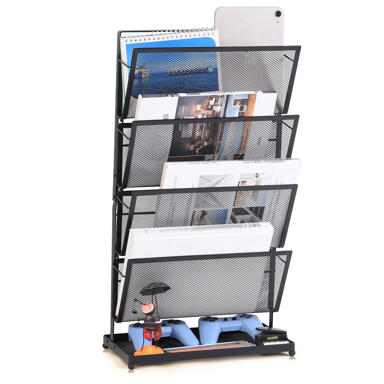 4-Tier Vertical Mesh File Organizer - Desktop Magazine & Letter Rack - Space-Saving Metal Storage Tray for Office Documents & Accessories