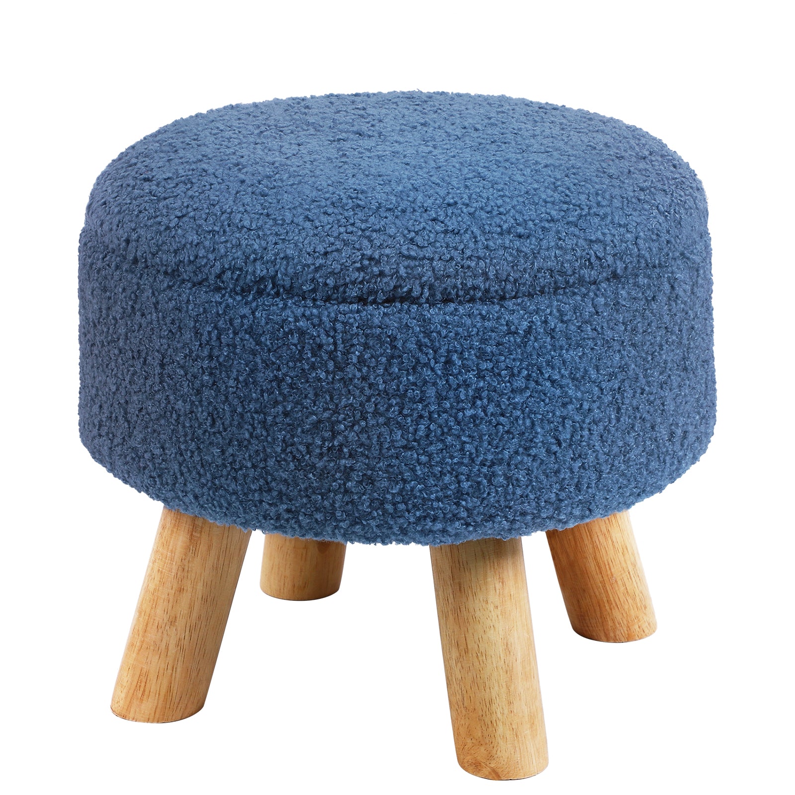Small Round Boucle Storage Ottoman - Teddy Velvet Foot Rest with Wood Legs