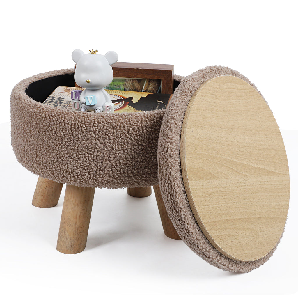 Small Round Boucle Storage Ottoman - Teddy Velvet Foot Rest with Wood Legs