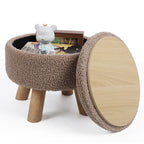 Small Round Boucle Storage Ottoman - Teddy Velvet Foot Rest with Wood Legs