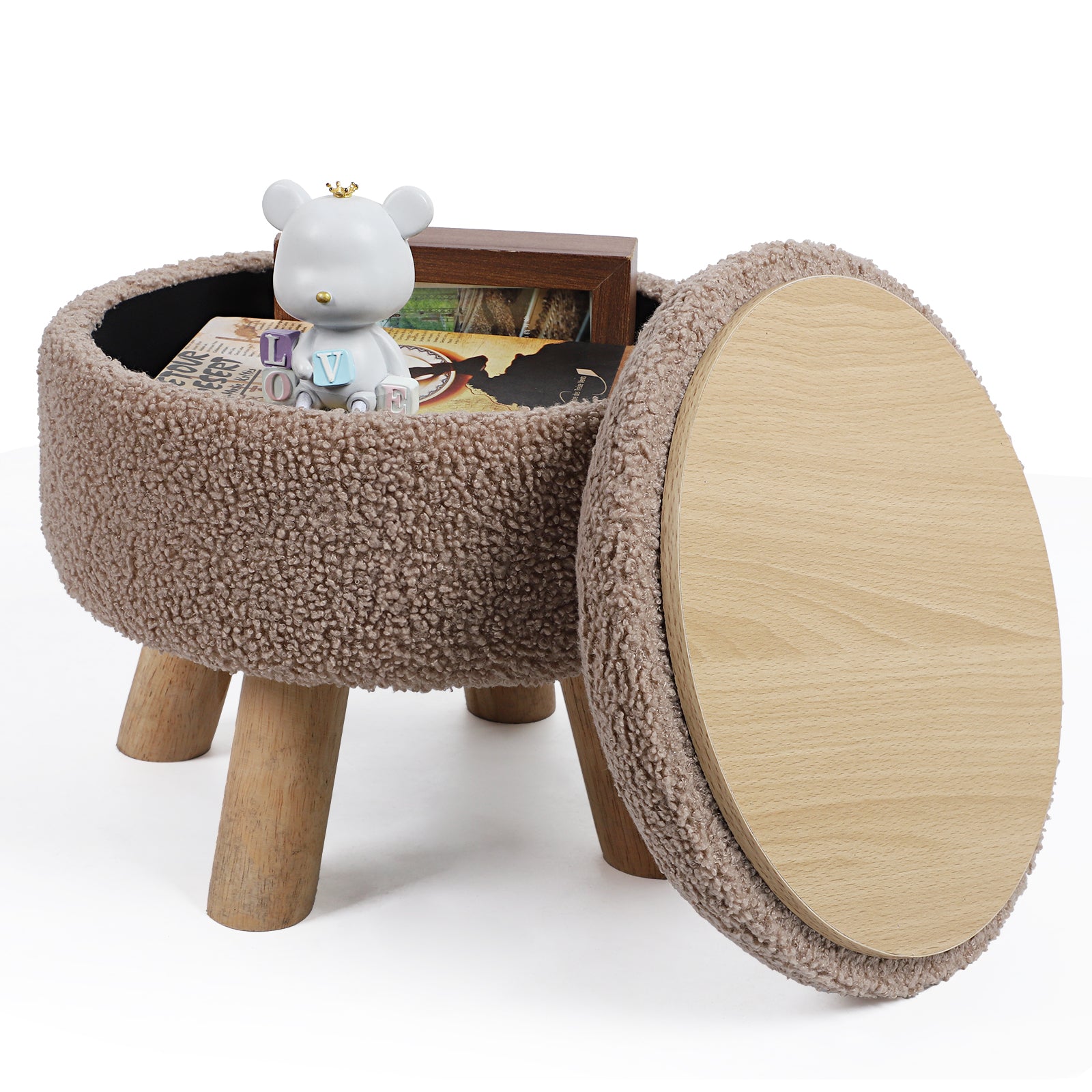 Small Round Boucle Storage Ottoman - Teddy Velvet Foot Rest with Wood Legs