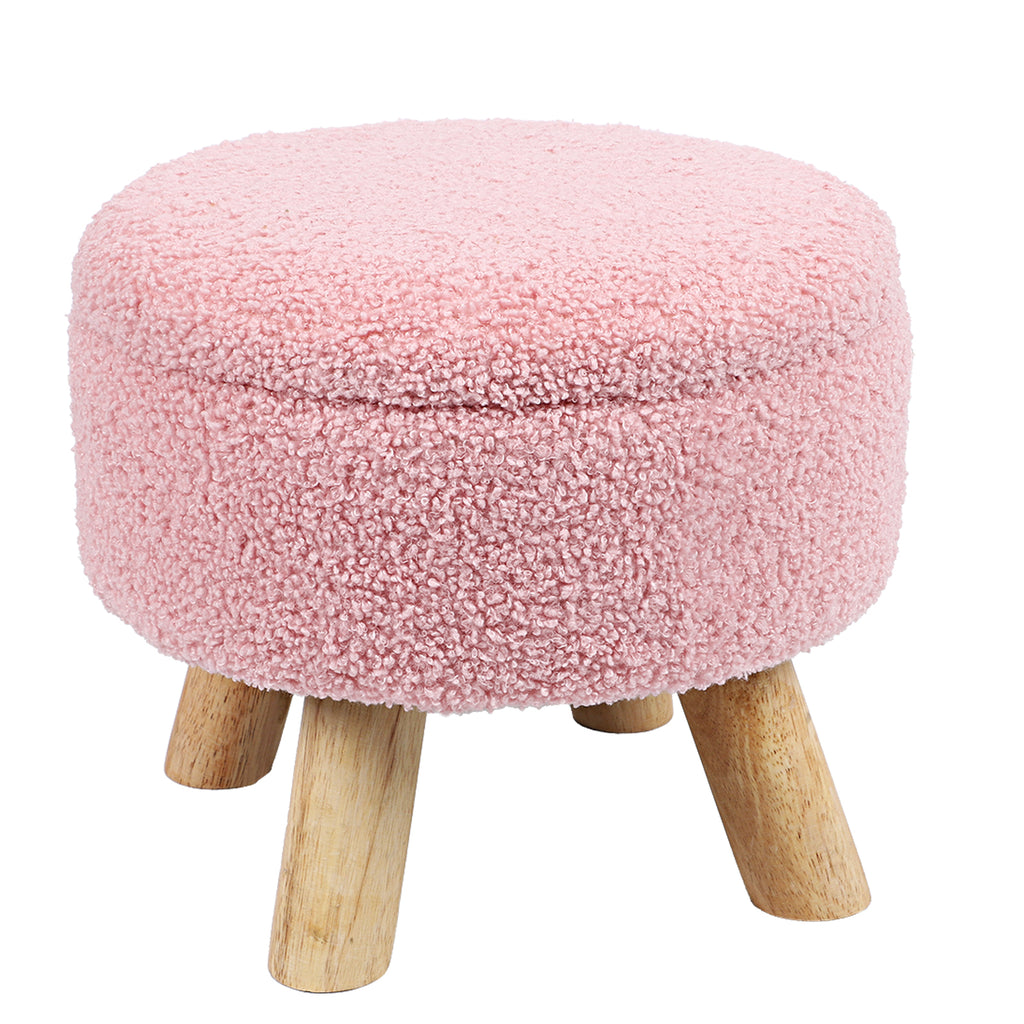 Small Round Boucle Storage Ottoman - Teddy Velvet Foot Rest with Wood Legs