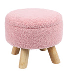 Small Round Boucle Storage Ottoman - Teddy Velvet Foot Rest with Wood Legs