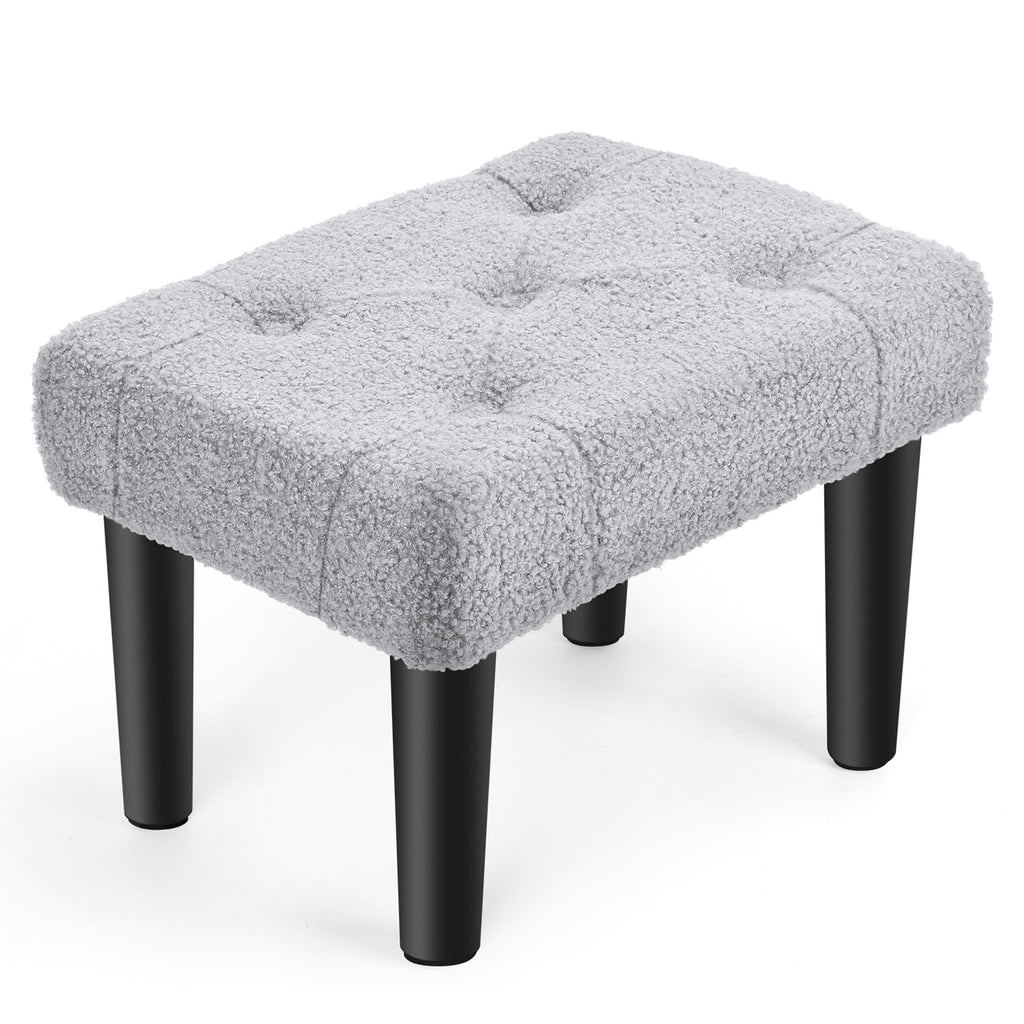 Small Teddy Velvet Foot Stool with Wood Legs, Tufted Rectangle Ottoman Foot Rest, Soft Padded Mini Footstool for Under Desk, Bedroom, Living Room, Sofa Side, Entryway, Dark Blue