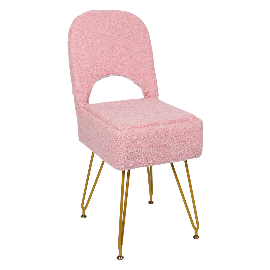 Modern Teddy Alpaca Fur Storage Vanity Stool, Hollow Cutout Back Makeup Chair with Detachable Zipper Storage Box, Anti-Slip Gold Metal Legs Padded Accent Chair for Dressing Room, Apartment Decor