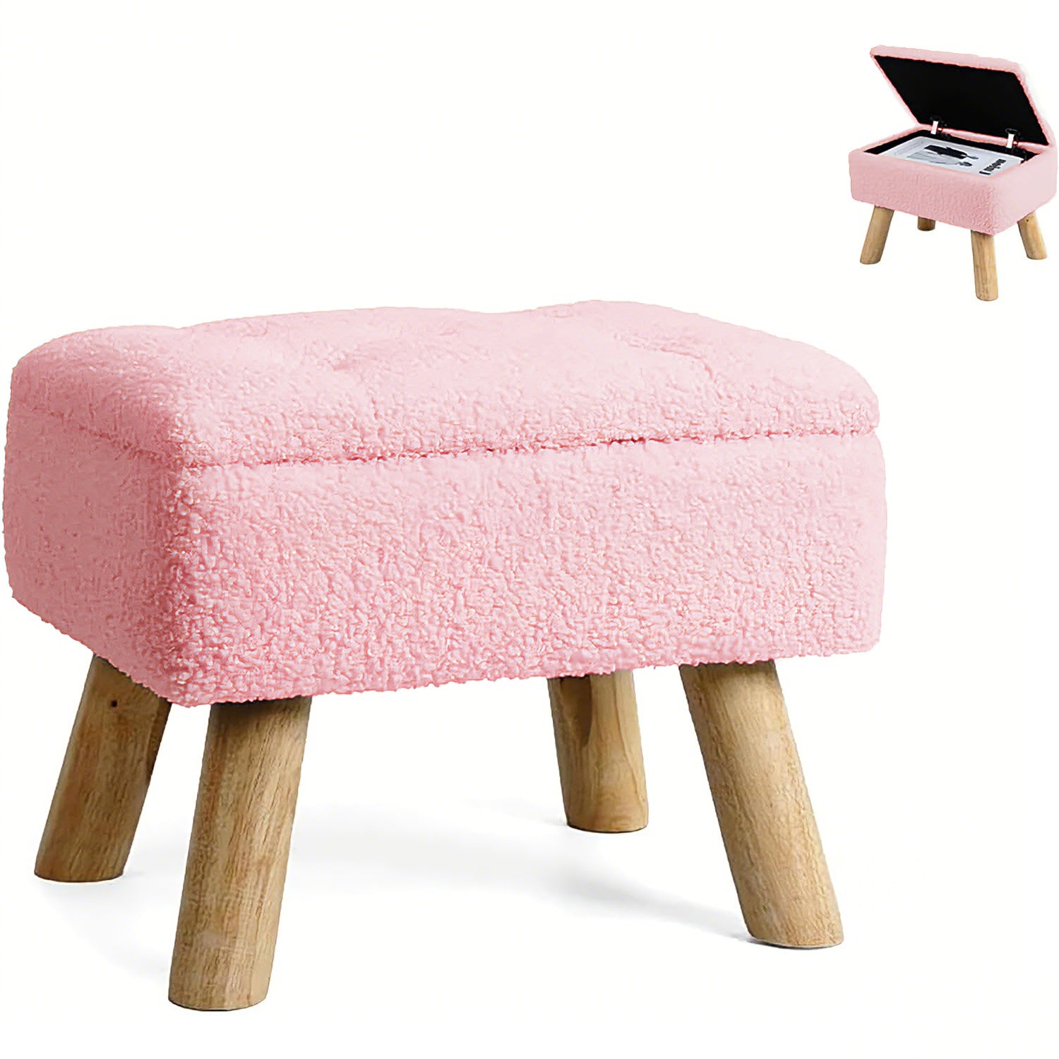 Small Storage Ottoman Foot Stool, Pink Faux Teddy Fur Footrest Stool with Wooden Legs, Multi-Purpose Shoe Changing Bench for Living Room, Bedroom, Entryway, Office