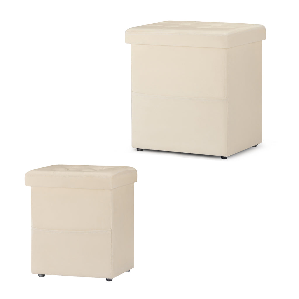 Set of 2 Black Storage Ottoman Foot Stools, Tufted Upholstered Foot Rest with Side Pocket, Collapsible Cube Ottoman Bench Max 500 LBS Capacity for Living Room, Bedroom, Sofa Side