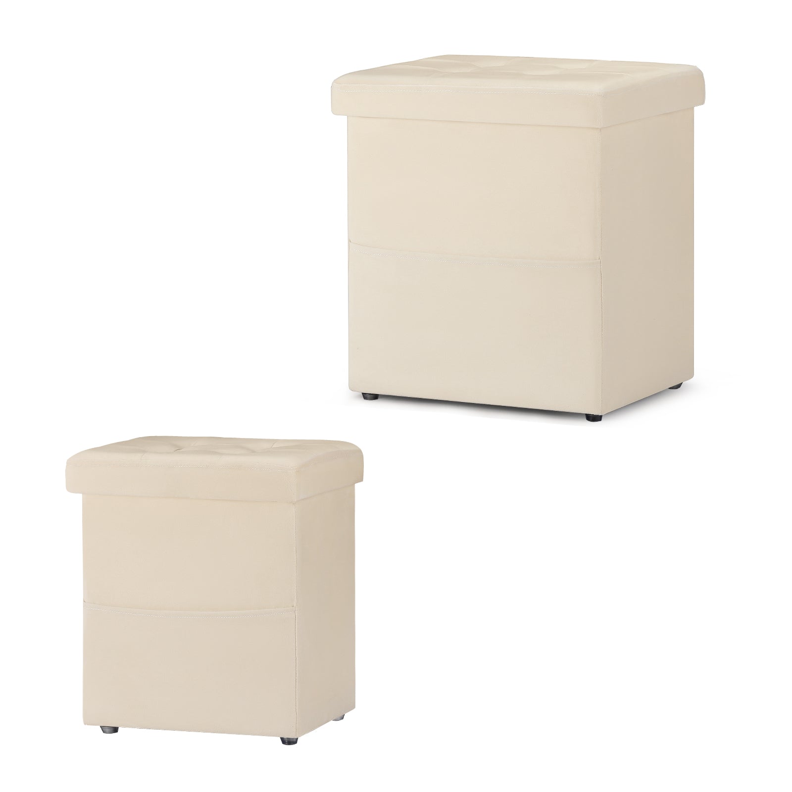 Set of 2 Black Storage Ottoman Foot Stools, Tufted Upholstered Foot Rest with Side Pocket, Collapsible Cube Ottoman Bench Max 500 LBS Capacity for Living Room, Bedroom, Sofa Side