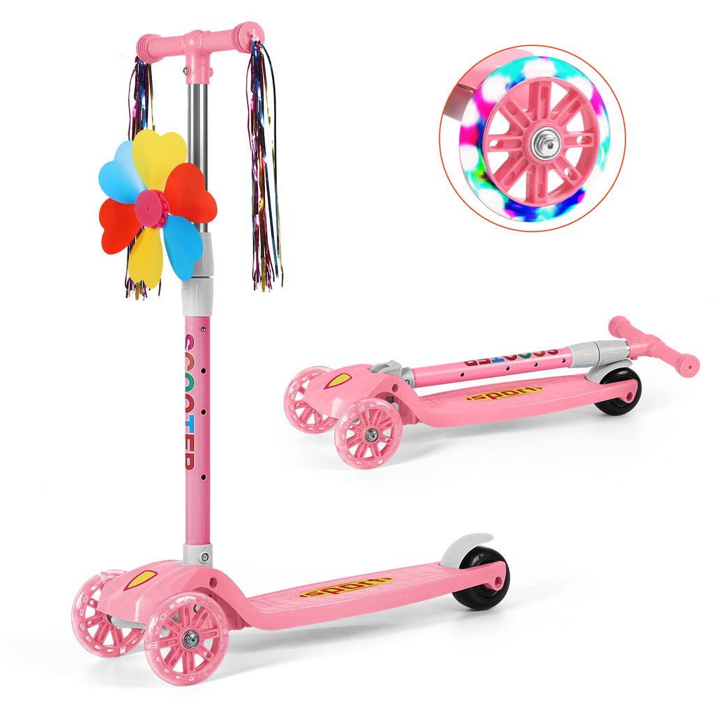 3 Wheels Kids Scooter, Adjustable Height Lean-to-Steer Kick Scooter with LED Light-Up Wheels, Windmill & Streamers, Gifts for Toddlers Boys Girls 3-5 Years Old, Pink
