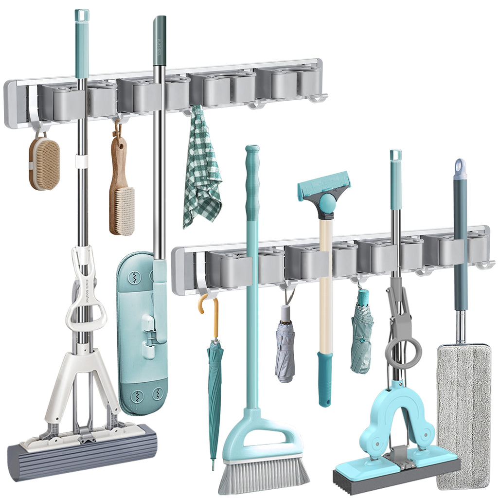 Heavy Duty Wall Mount Mop & Broom Holder 2 Pack, Aluminum Garage Tool Storage Rack with Adjustable Clips and Hanging Hooks, Multi-Purpose Wall Organizer for Cleaning Supplies, Garden Tools, Umbrellas