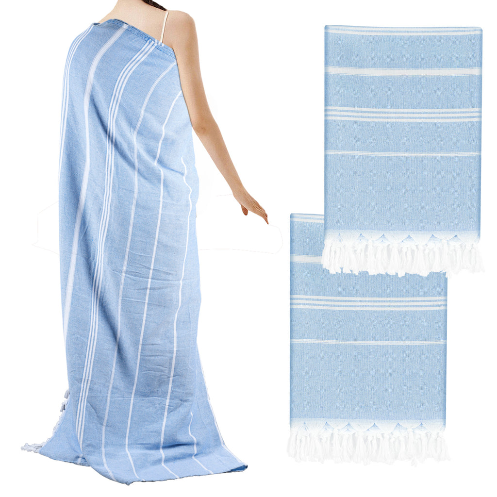 Set of 2 Turkish Beach Towels, Sand-Free Quick Dry Absorbent Cotton Towels, Large Lightweight Stylish Striped Peshtemal with Tassels for Beach, Bath, Pool, Picnic