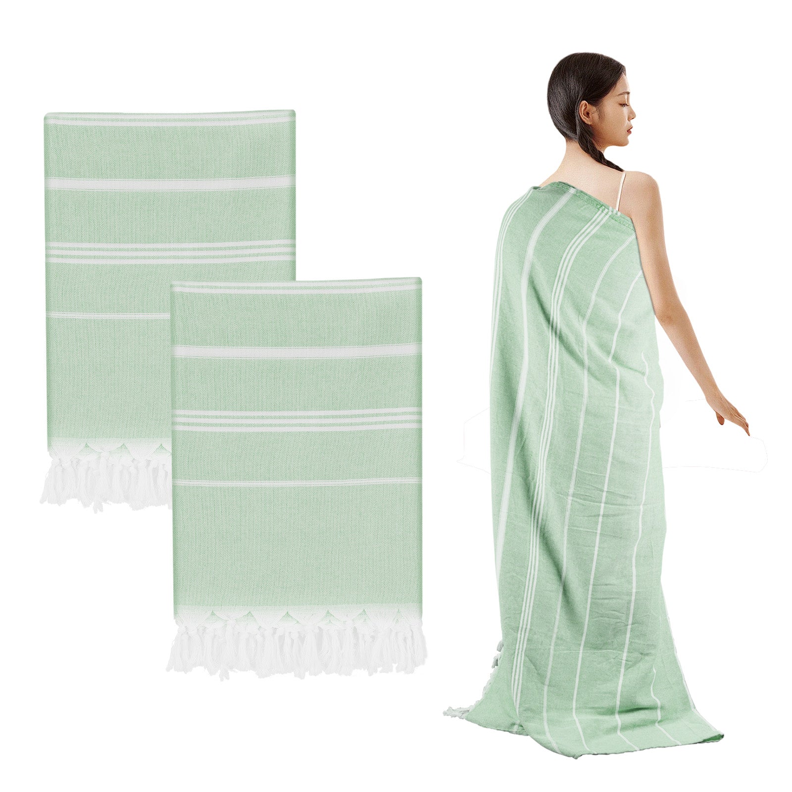 Set of 2 Turkish Beach Towels, Sand-Free Quick Dry Absorbent Cotton Towels, Large Lightweight Stylish Striped Peshtemal with Tassels for Beach, Bath, Pool, Picnic