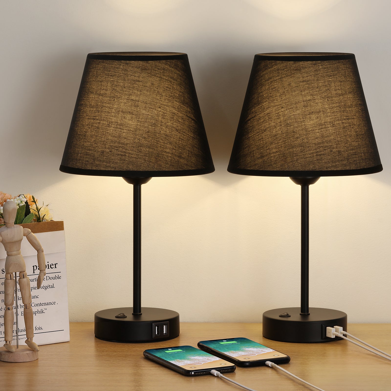 Set of 2 Modern Black Bedside Lamps with Dual USB Charging Ports for Bedroom, Living Room, or Office Use