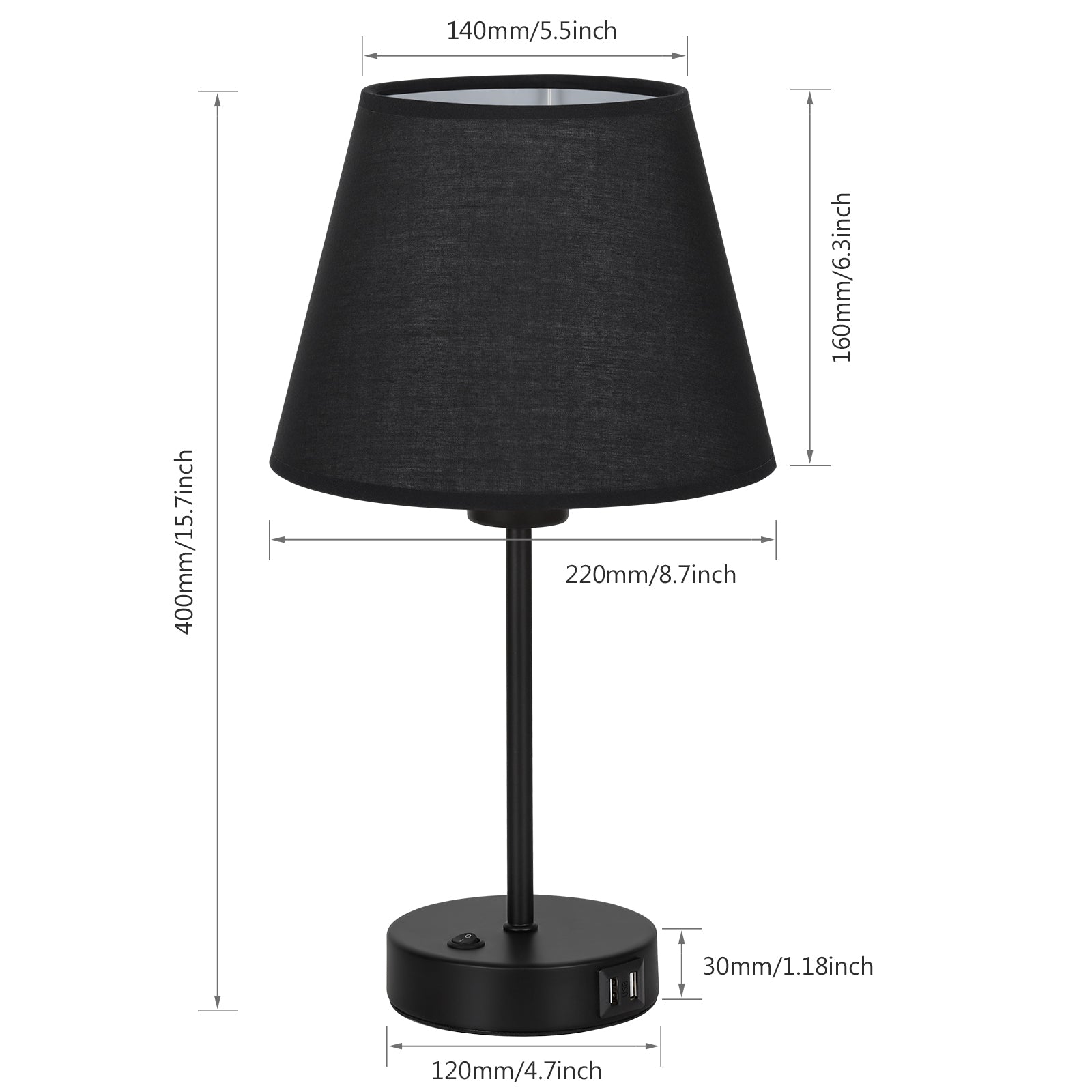 Set of 2 Modern Black Bedside Lamps with Dual USB Charging Ports for Bedroom, Living Room, or Office Use