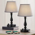 Pair of Contemporary Grey Nightstand Lamps with Integrated Dual USB Charging Ports for Bedroom or Workspace Use