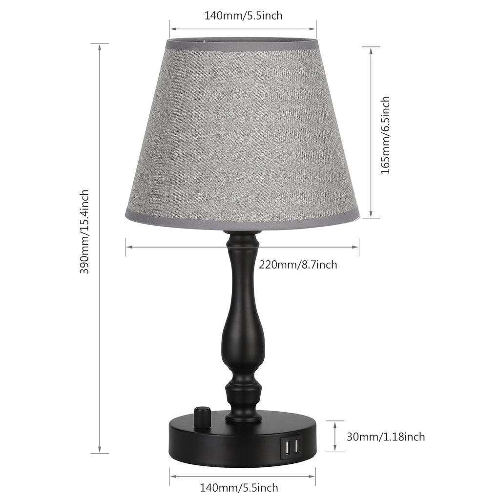 Pair of Contemporary Grey Nightstand Lamps with Integrated Dual USB Charging Ports for Bedroom or Workspace Use