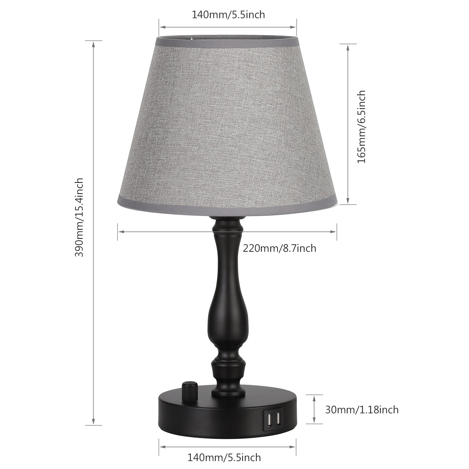 Pair of Contemporary Grey Nightstand Lamps with Integrated Dual USB Charging Ports for Bedroom or Workspace Use
