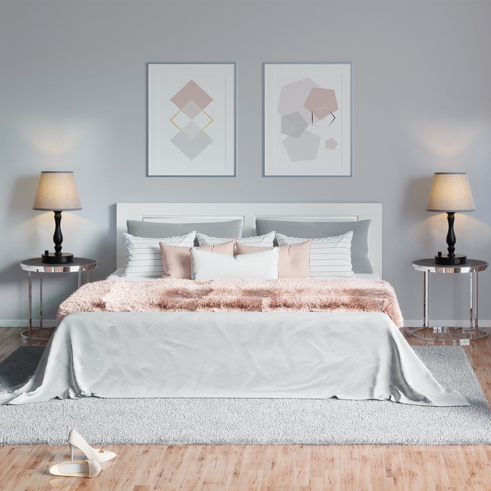 Pair of Contemporary Grey Nightstand Lamps with Integrated Dual USB Charging Ports for Bedroom or Workspace Use