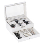Two-Tier White Watch Storage Case with Clear Acrylic Top and Built-in Jewelry Storage Drawer for Gifting