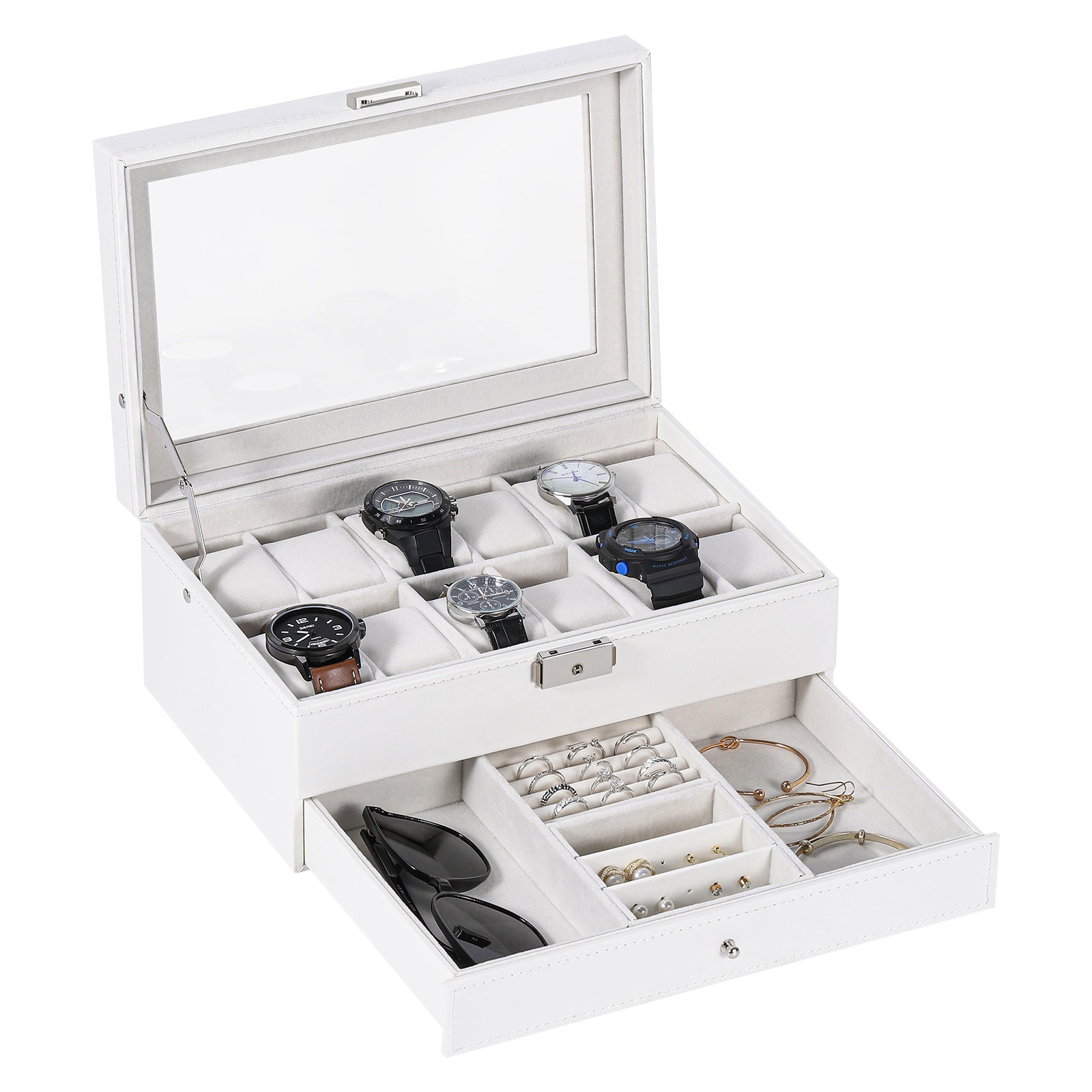Two-Tier White Watch Storage Case with Clear Acrylic Top and Built-in Jewelry Storage Drawer for Gifting