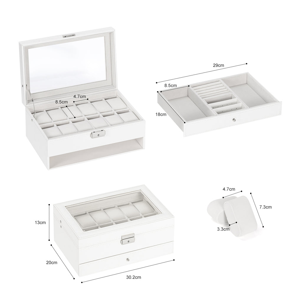 Two-Tier White Watch Storage Case with Clear Acrylic Top and Built-in Jewelry Storage Drawer for Gifting