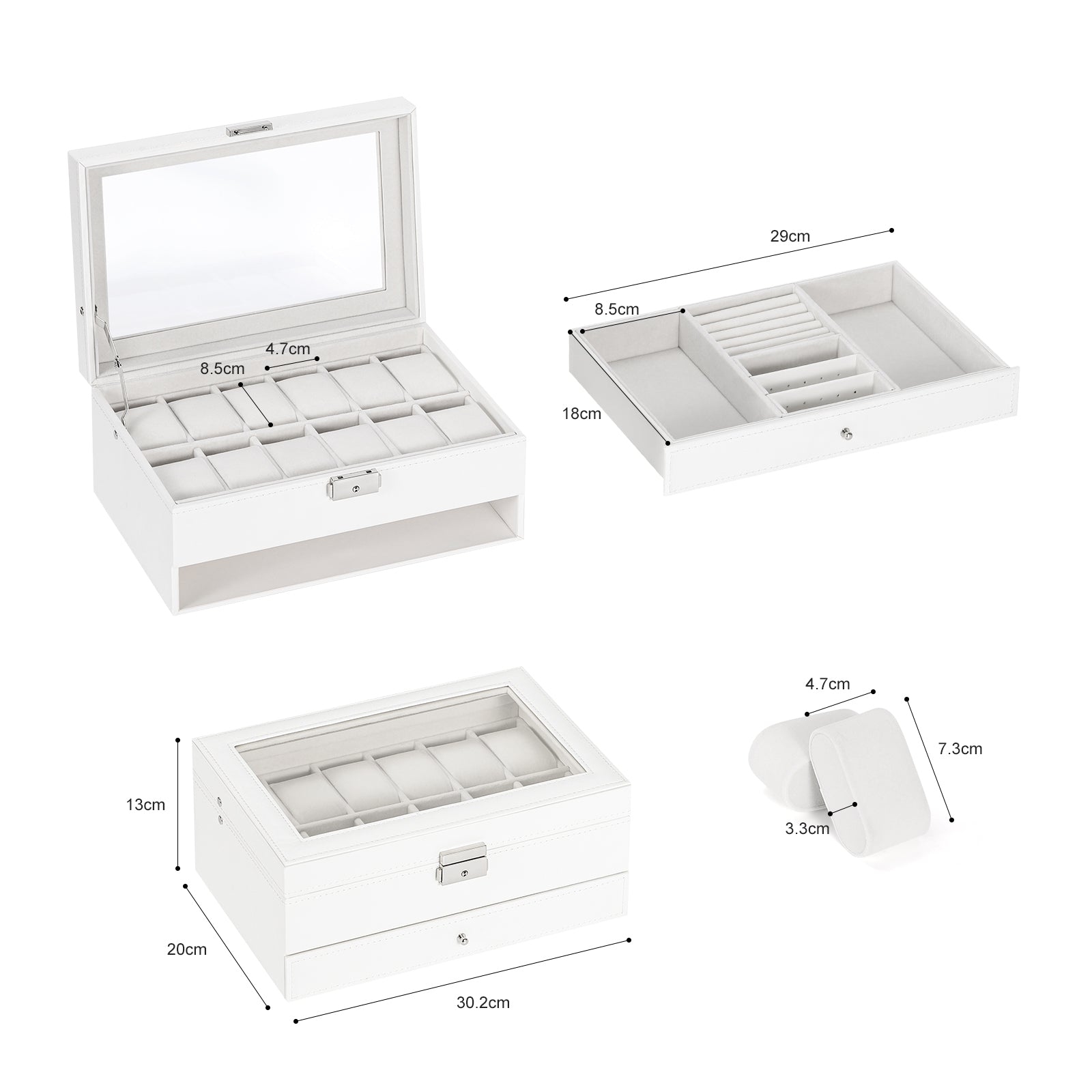 Two-Tier White Watch Storage Case with Clear Acrylic Top and Built-in Jewelry Storage Drawer for Gifting