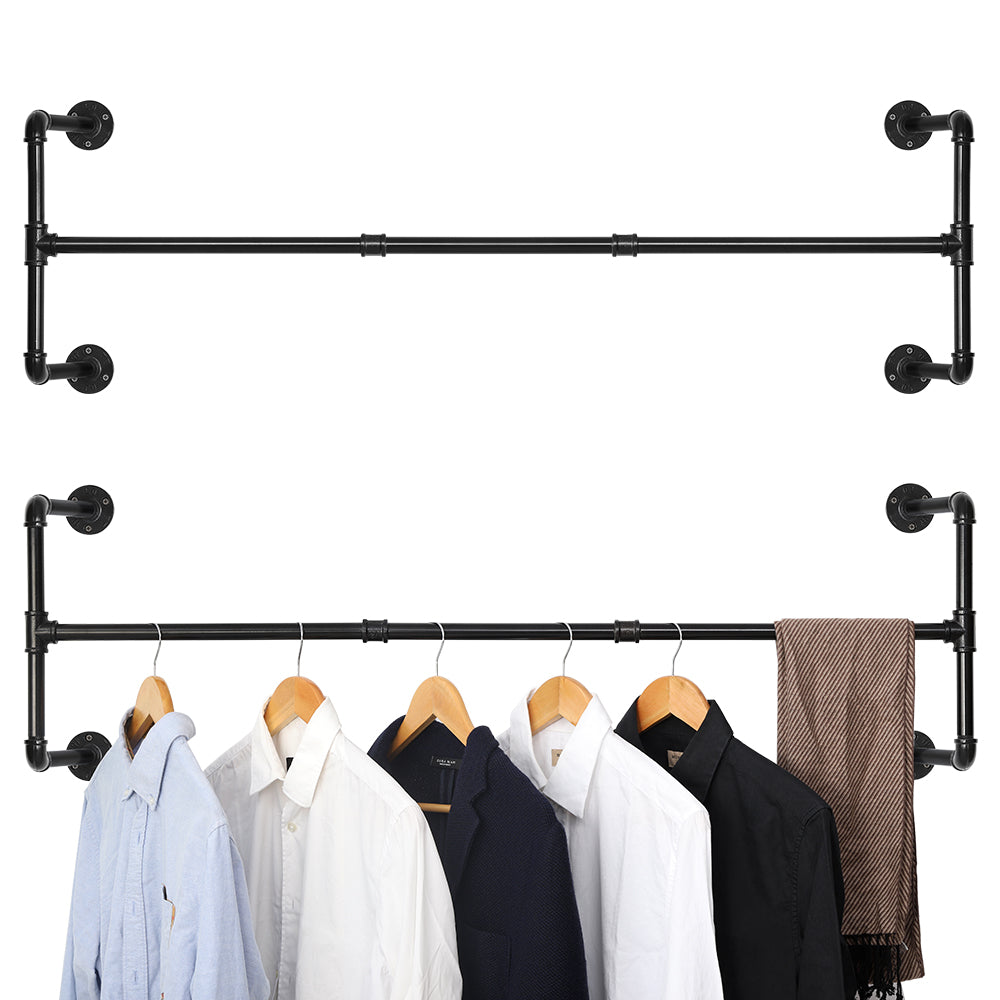 Industrial Double 43.7-Inch Pipe Garment Bars for Wall Mounting, Versatile Hanging Rods for Closet Organization and Storage, Pair of 2 Black Rails