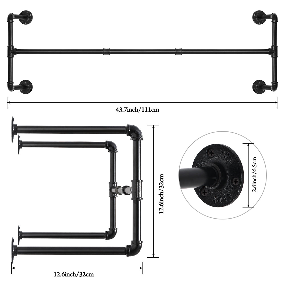 Industrial Double 43.7-Inch Pipe Garment Bars for Wall Mounting, Versatile Hanging Rods for Closet Organization and Storage, Pair of 2 Black Rails