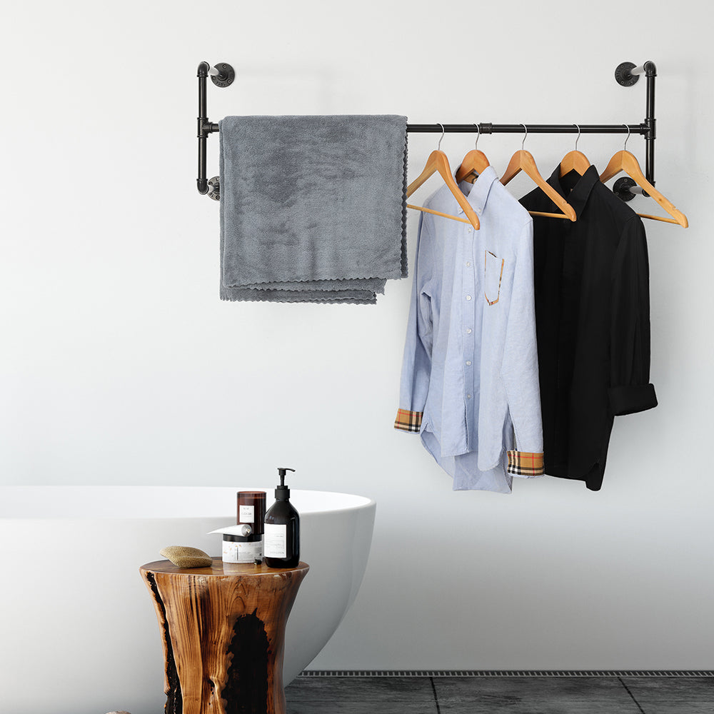 Industrial Double 43.7-Inch Pipe Garment Bars for Wall Mounting, Versatile Hanging Rods for Closet Organization and Storage, Pair of 2 Black Rails
