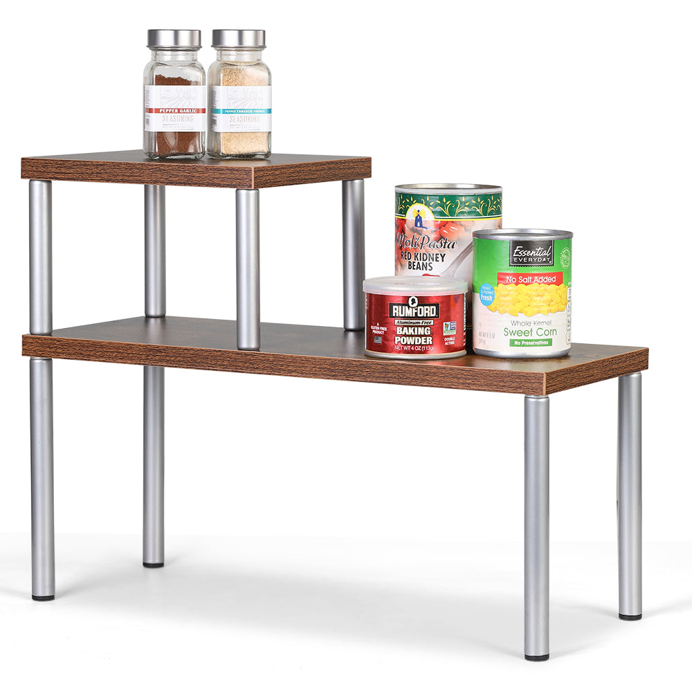Double-Layer Multipurpose Organizer Rack, Metal and Rustic Wood Stackable Shelving for Kitchen, Bath, and Home Office Counters