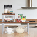 Double-Layer Multipurpose Organizer Rack, Metal and Rustic Wood Stackable Shelving for Kitchen, Bath, and Home Office Counters