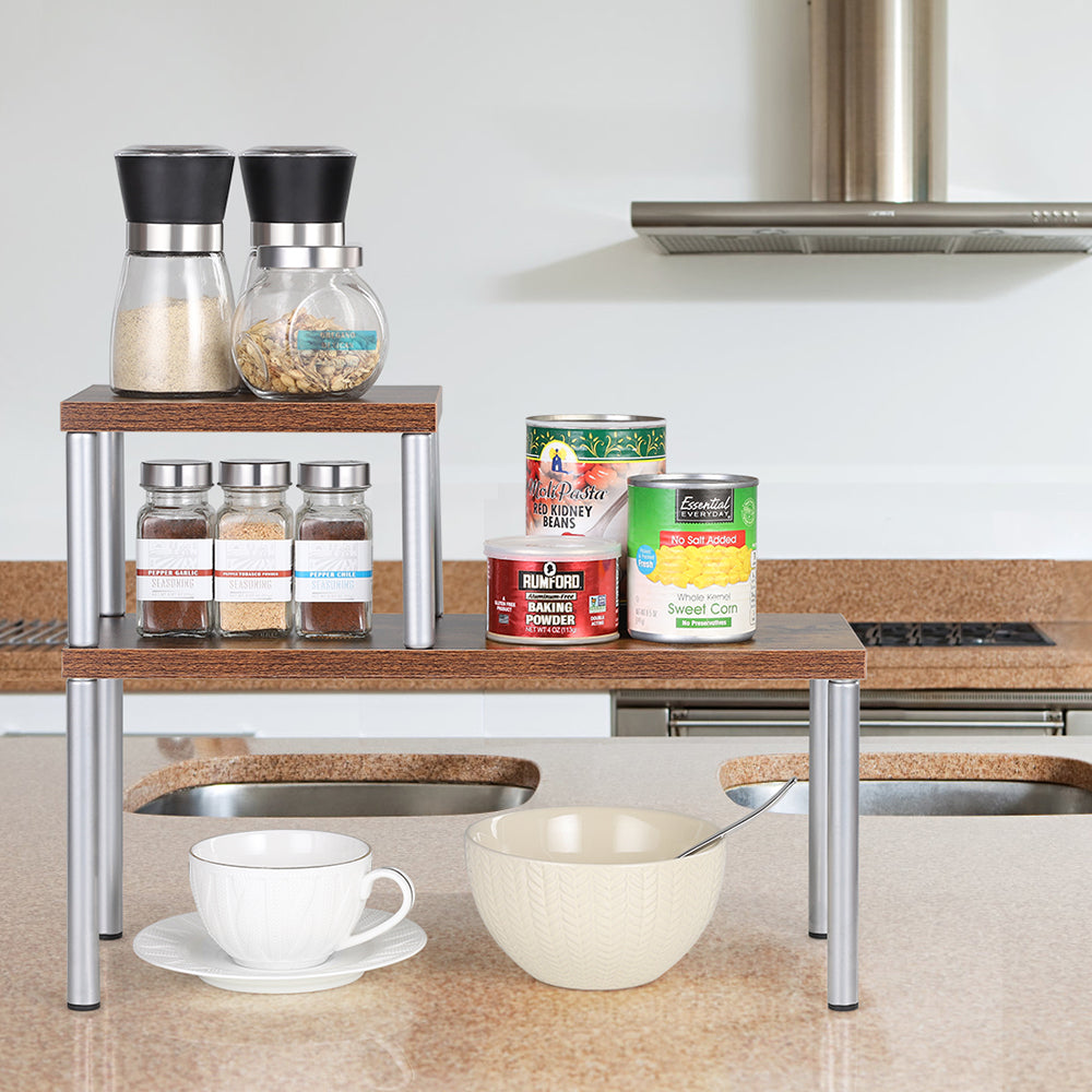 Double-Layer Multipurpose Organizer Rack, Metal and Rustic Wood Stackable Shelving for Kitchen, Bath, and Home Office Counters