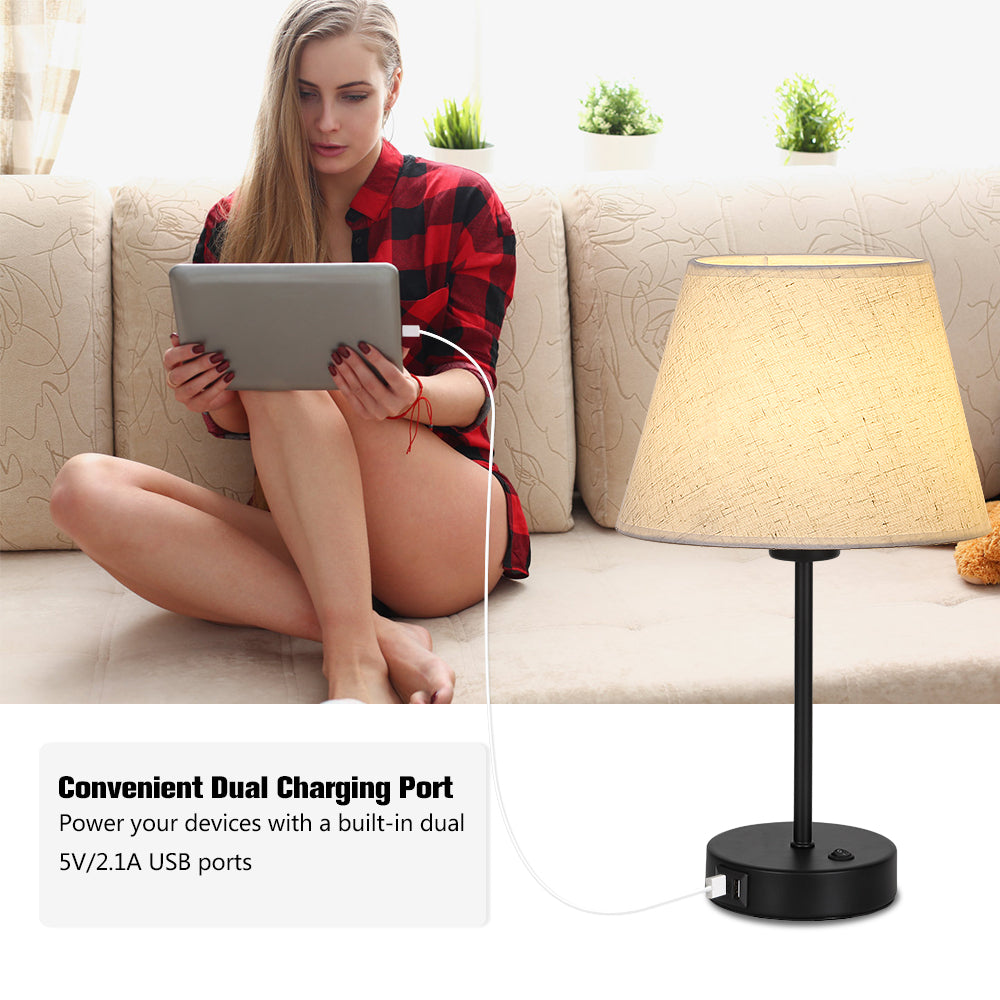 Modern Desktop Lamp with USB Charging Port and Natural Linen Shade