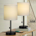 Pair of Modern Bedside Nightstand Lamps with Integrated Dual USB Rapid Charging Ports and White Textile Shades for Home Decor