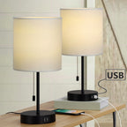 Pair of Modern Bedside Nightstand Lamps with Integrated Dual USB Rapid Charging Ports and White Textile Shades for Home Decor